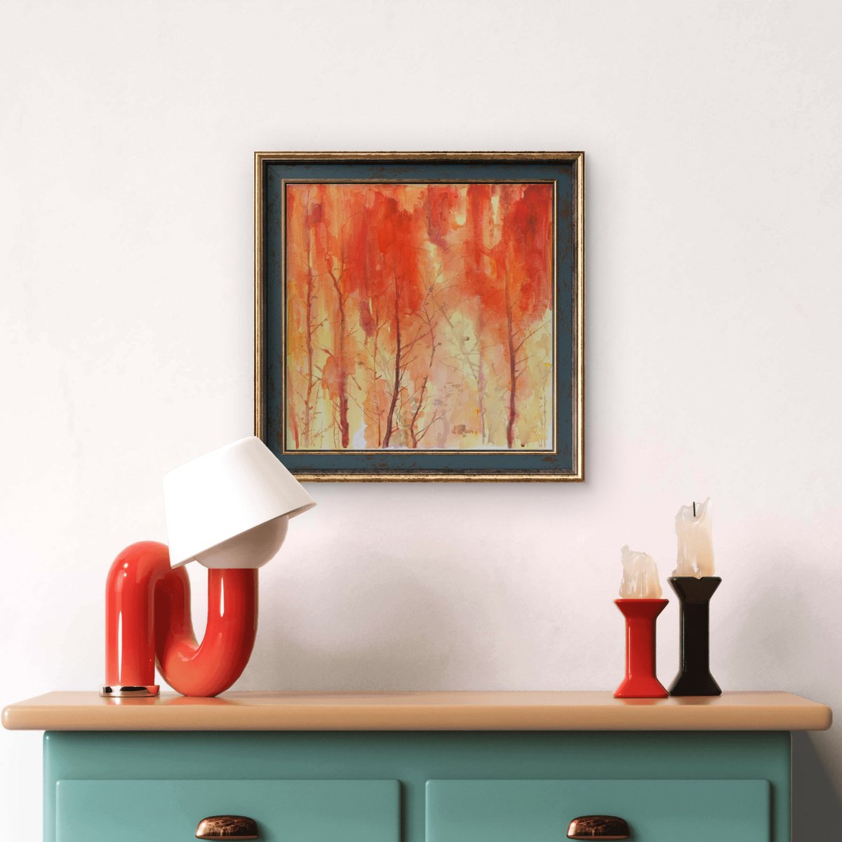 Impressionistic Landscape Acrylic Painting By Ruozhou Zhuang, 16 X 16", Silent Fire, Original Artwork