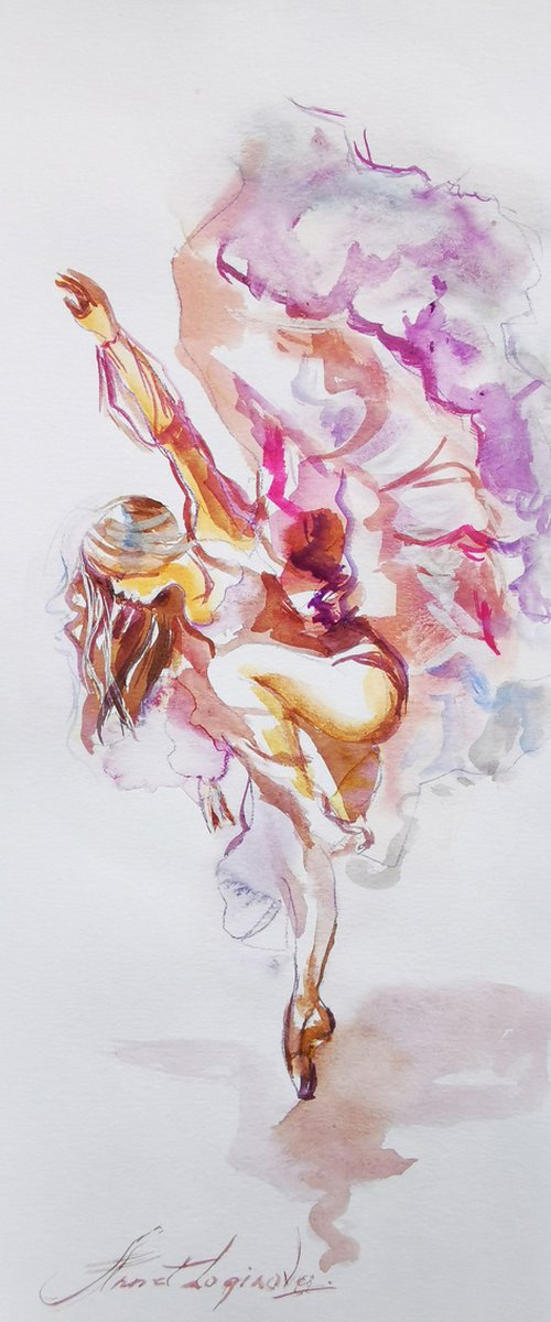 Watercolor Ballet Miniature with Expressive Rosy Hues by Annet Loginova