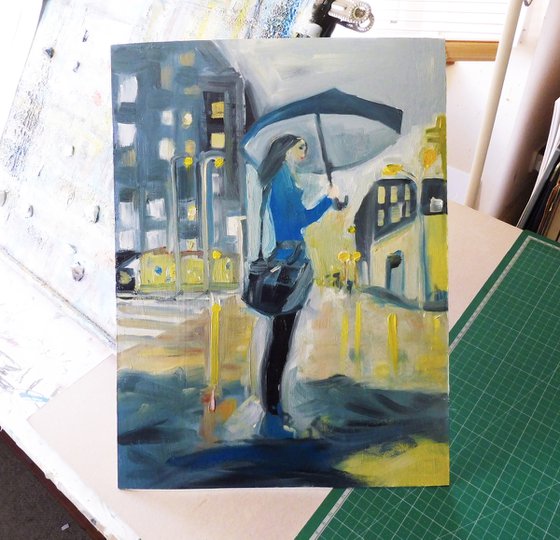 GIRL DELIVERY RAINY CITY NIGHT LIGHT REFLECTIONS. Original Female Figurative Oil Painting. Varnished.