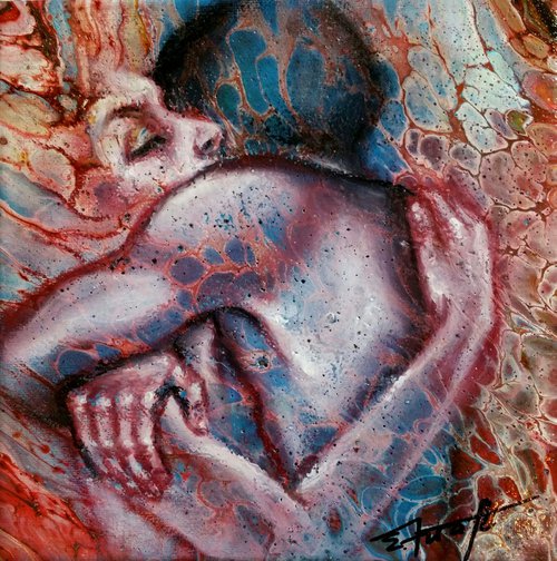 "I will dissolve in your arms " Original mixed media miniature painting on canvas 20x20x,1,7cm.ready to hang. Buy 2 miniatures you get 3! by Elena Kraft