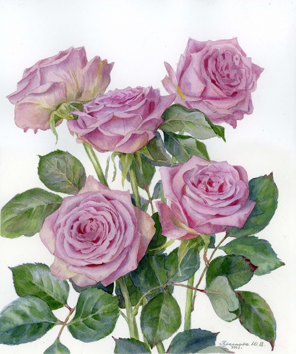 Photorealistic Botanical Watercolour By Yulia Krasnov, 11 X 13", Lilac Roses, Original Artwork