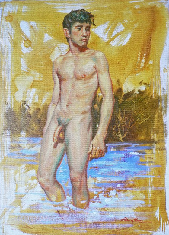 ORIGINAL OIL PAINTING NUDE ART MALE NUDE BOY ON LINEN#16-8-13