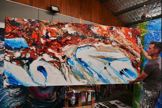 Coastal Infusion 270cm x 120cm Oxide White Blue Abstract Art