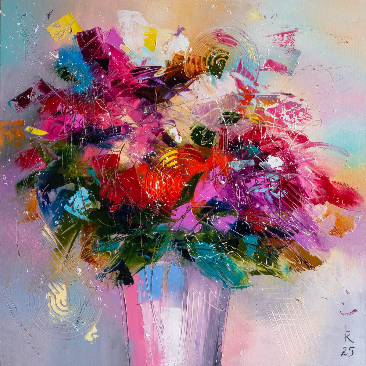 Impressionistic Botanical Oil Painting By Liubov Kuptsova, 20 X 20", Bouquet Of Emotions, Original Artwork