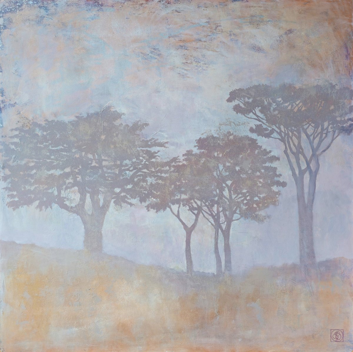 Expressive Landscape Oil Painting By Katia Bellini, 37 X 37", Woodland Trees Silhouettes, Original Artwork