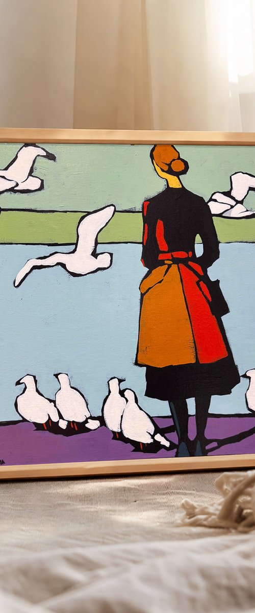 "Woman and Seagulls" 12x12in by Daria Baklykova