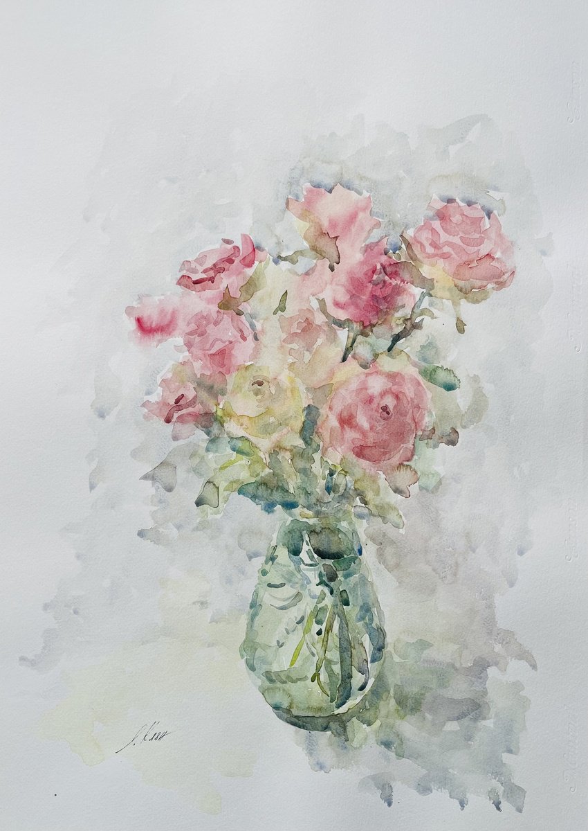 Impressionistic Botanical Watercolour By Elena Klyan, 20 X 26, Roses #5 50X65 Cm 2025, Original Artwork