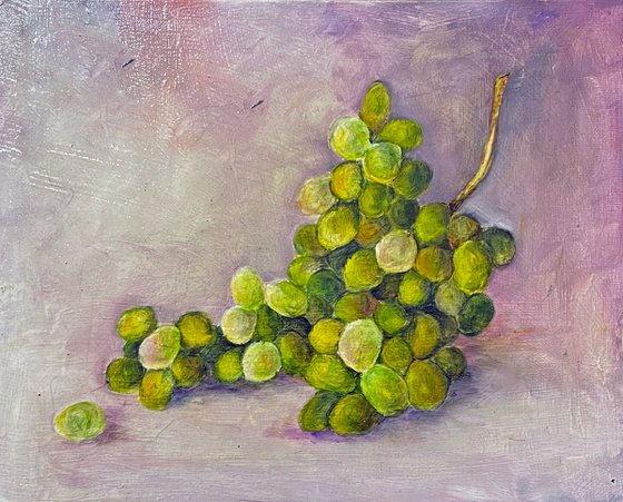 Gorgeous Green Grapes Oil Painting floating on green support framed in an engraved green and gold
