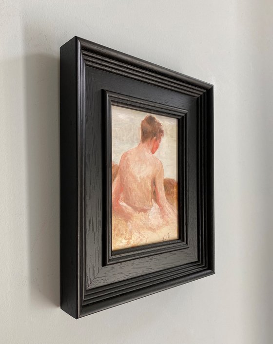 Impressionist style Male nude figure oil painting, with wooden frame.