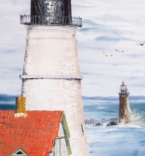 "Portland Lighthouse" Original oil painting, for portrait wall hanging.