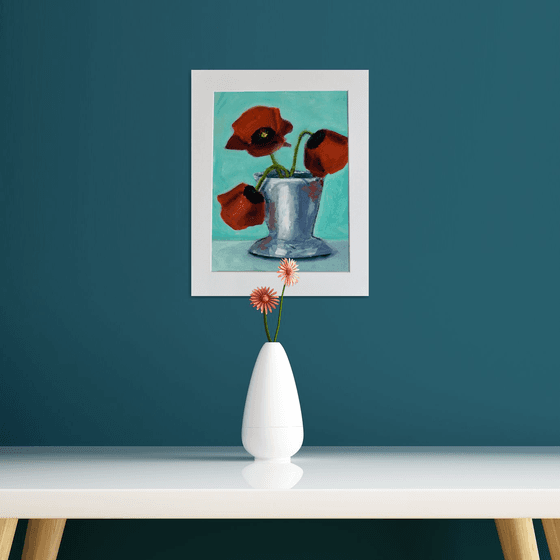 Red Poppies in a Silver Vase