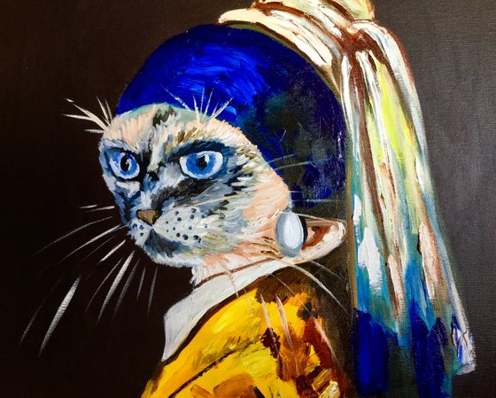 Siamese Cat with the pearl earring. Feline art. Blue eyes. Gift idea for cat lovers