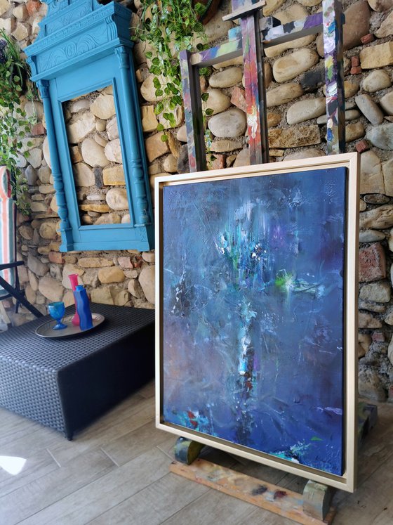 Framed blue enigmatic ghostly pot with flowers unique painting by O KLOSKA