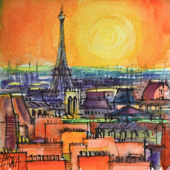 PARIS ROOFTOPS VIEW FROM CENTRE POMPIDOU watercolor painting Mona Edulesco