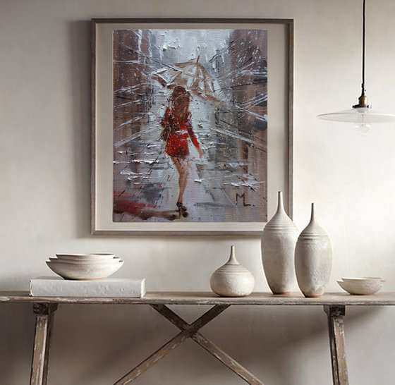 " HURRY ... "   street spring summer original painting CITY palette knife GIFT