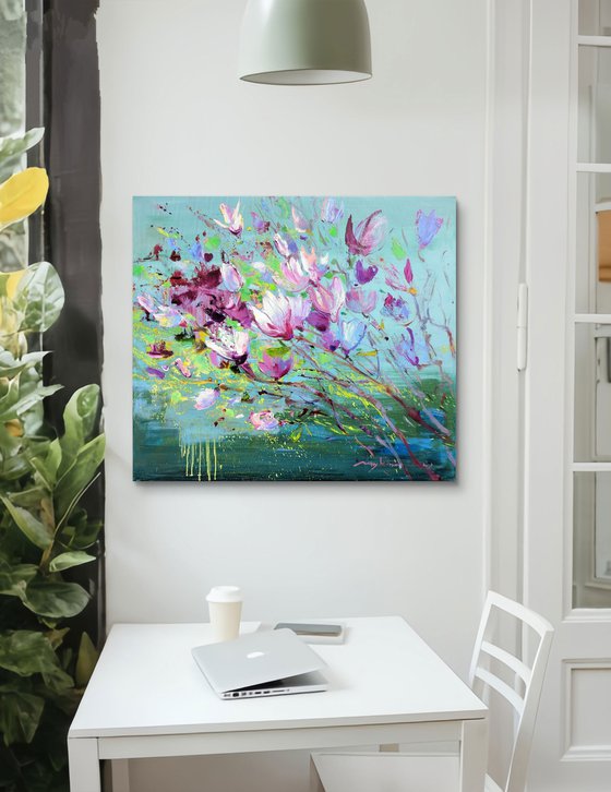 Magnolia on green blue 70x80