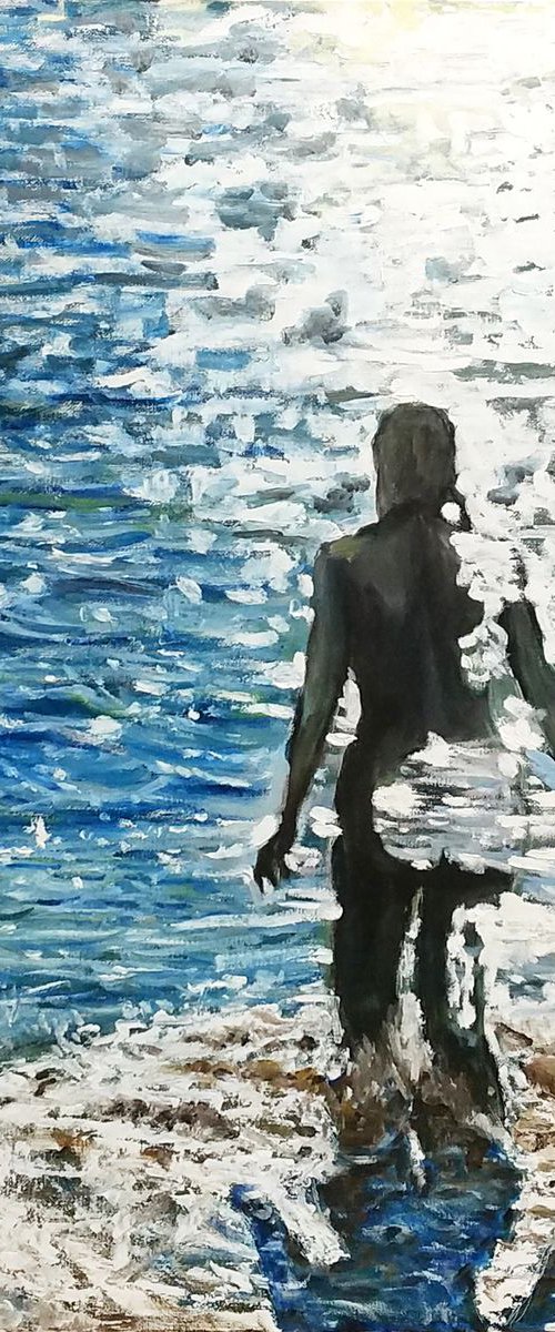 Sea Shades - figurative painting of a woman going into the sea in glare of sunlight by Leonid Plekhanov