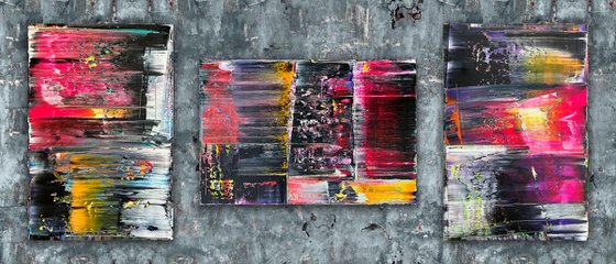 "Ensemble" - Save As A Series - Original PMS Abstract Acrylic Painting Triptych On Canvas - 84" x 36"