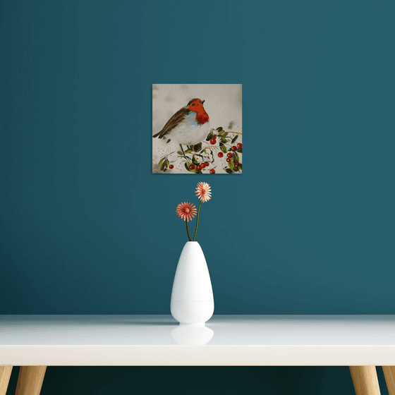 Winter Robin with Holly Berries, Christmas