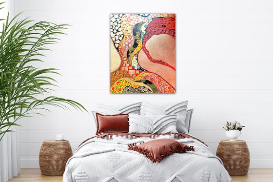 Klimt inspired abstract painting. Colorful vivid relief large artwork