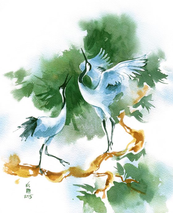 "Dance" white Japanese cranes on a tree branch watercolour