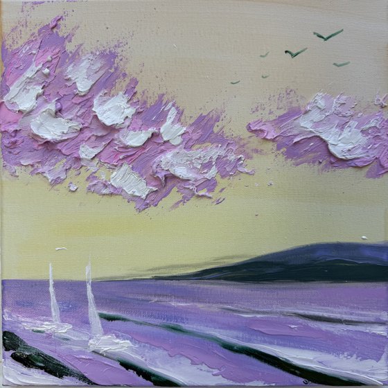 Impressionistic pink sky clouds green rainbow