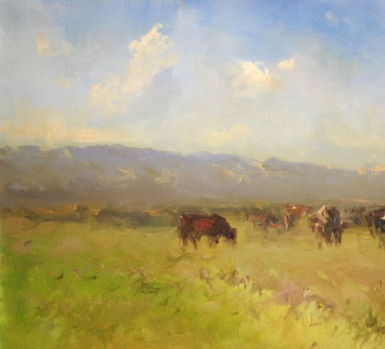Cows in the Field, Original oil Painting,Handmade art, Impressionism, One of a Kind