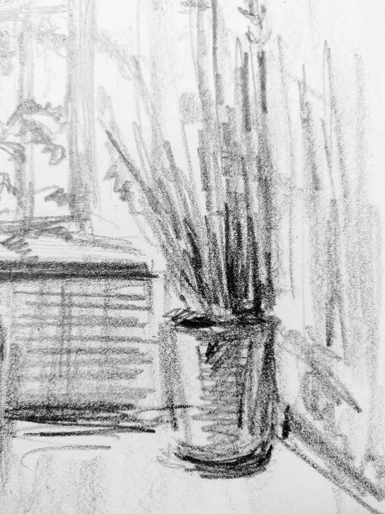 Sketch by the window. Original pencil drawing.