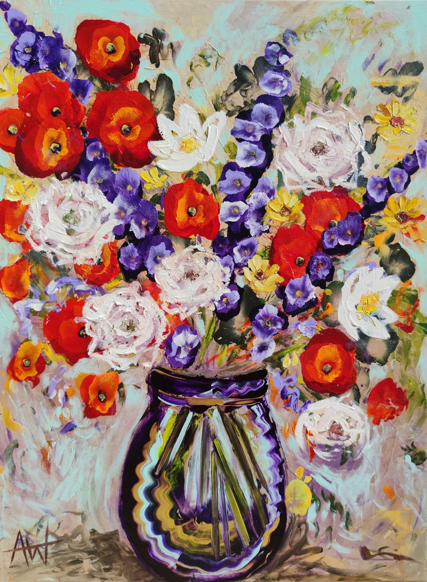 Expressive Still Life Oil Painting By Angie Wright, 24 X 31, Poppies In A Deep Blue Vase, Original Artwork