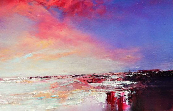 " Ruby Sunset" pink, gold, blue abstract seascape oil  painting