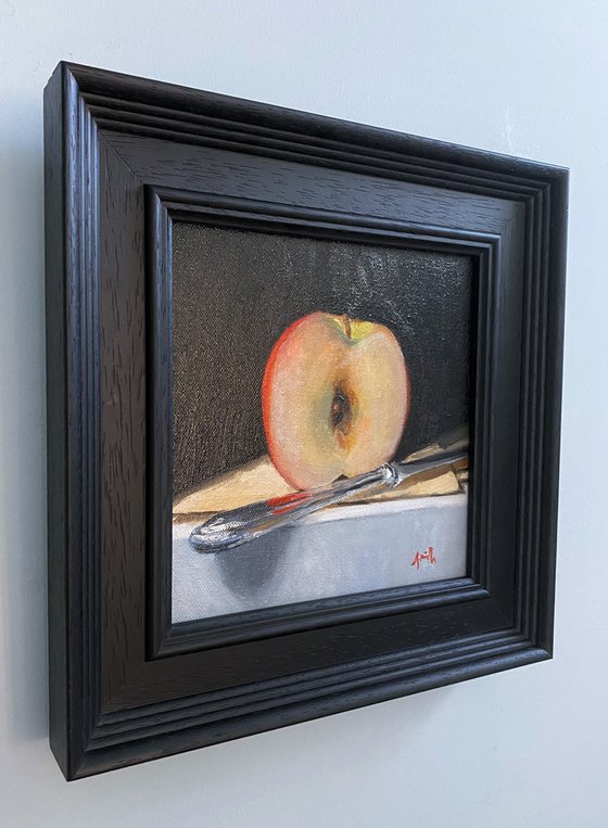 Apple and Silver Knife oil painting still life on canvas, framed ready to hang.