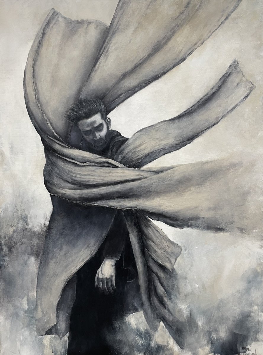 Expressive Portrait Acrylic Painting By Miri Baruch, 35 X 47", The Darvish