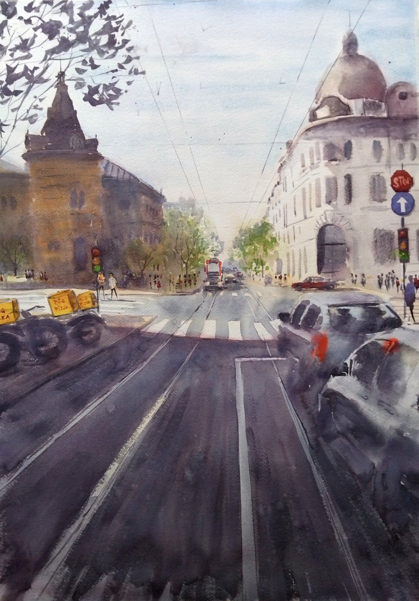 Impressionistic Cityscapes Watercolour By Nenad Kojic, 22 X 30", Big Pizza Skc, Original Artwork