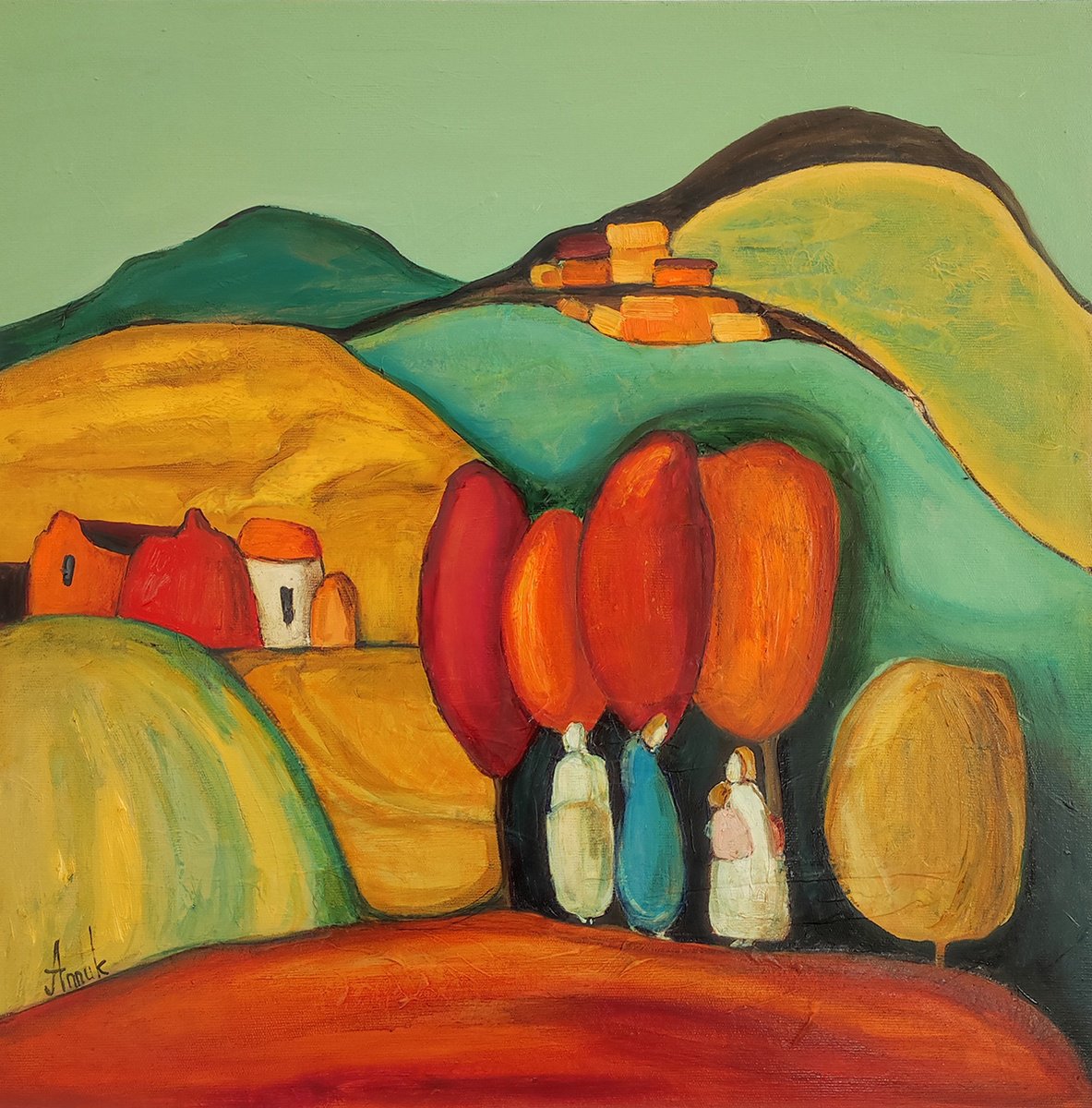 Impressionistic Landscape Oil Painting By Anna Soghomonyan, 22 X 22, Neighborhood, Original Artwork