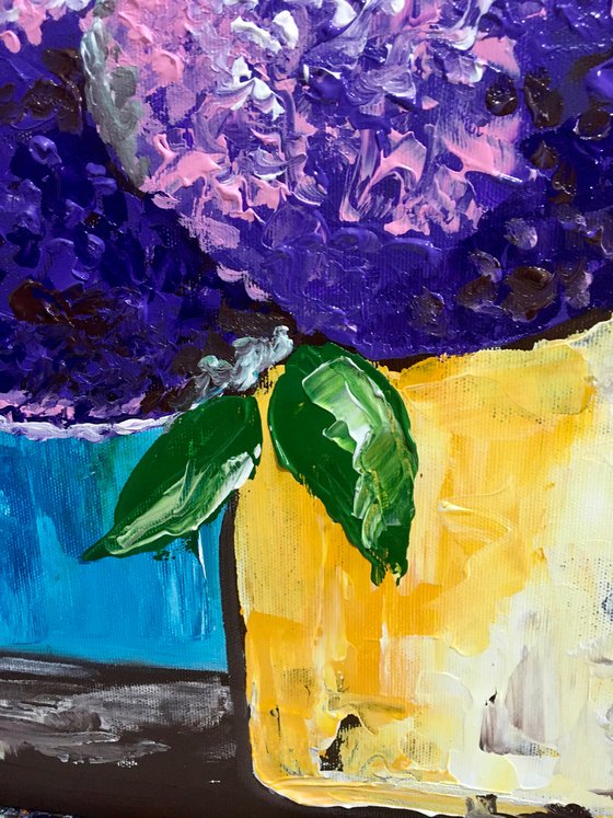 Purple and Pink  hydrangea on turquoise in a yellow vase palette  knife Original Acrylic painting office home decor gift