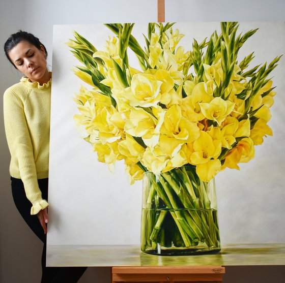 Big oil painting with yellow flowers 120*120 cm