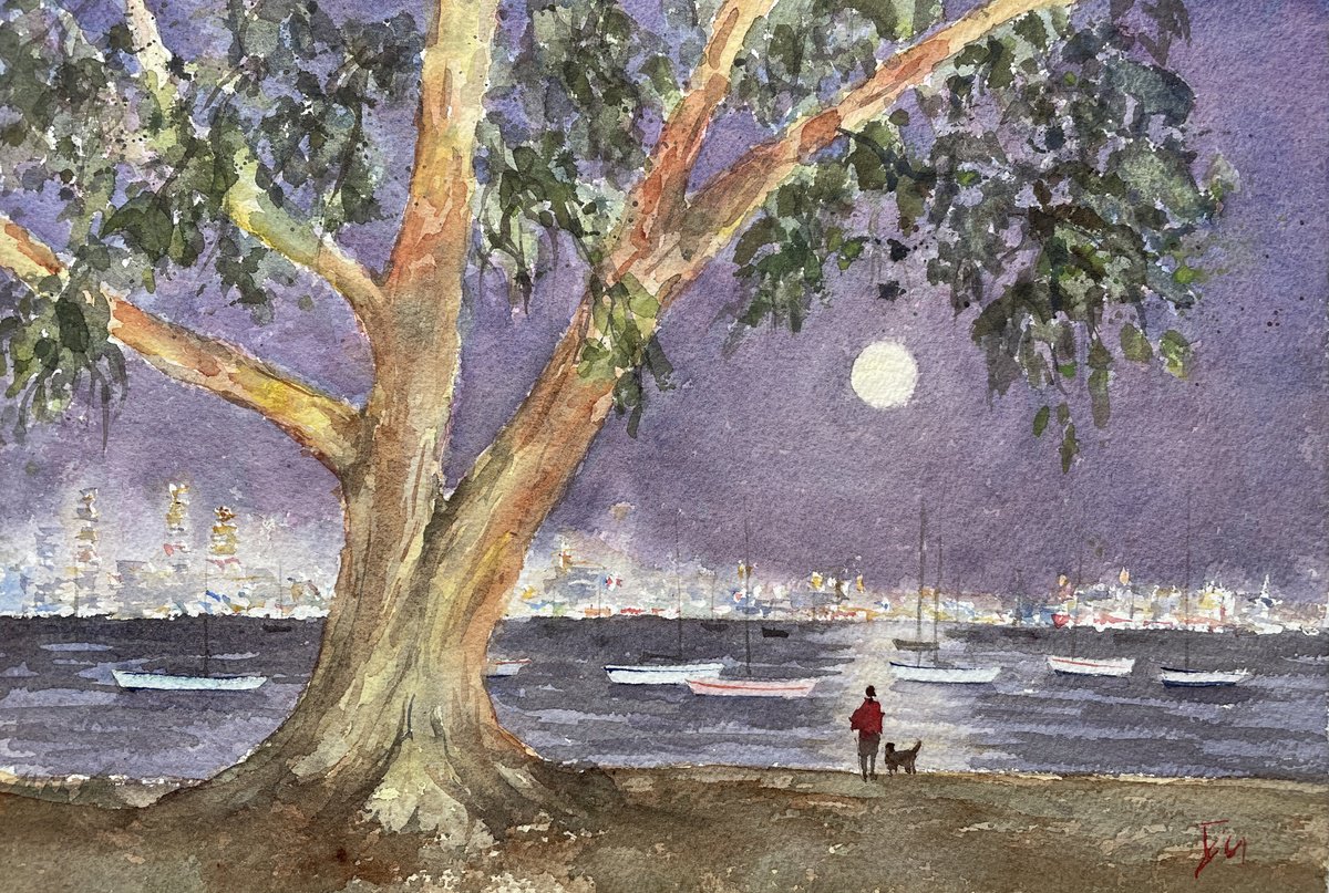 Impressionistic Landscape Watercolour By Shelly Du, 12 X 8", Night At Williamstown, Original Artwork