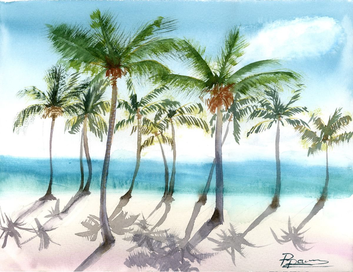 Океан пальмы акварель