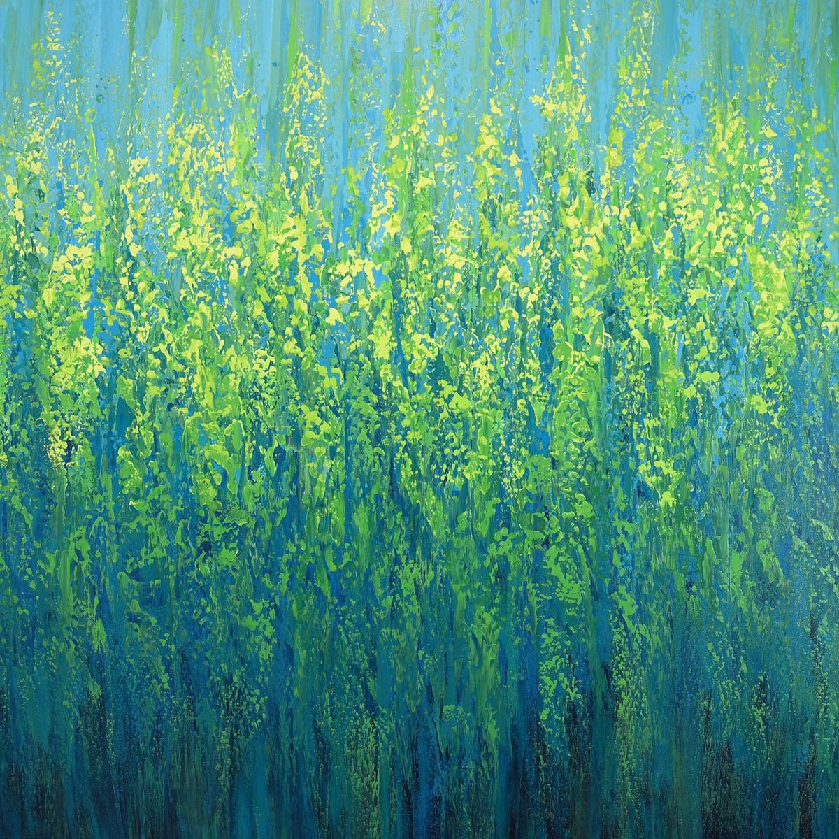 Expressive Abstract Acrylic Painting By Suzanne Vaughan, 40 X 40", Cascading Blue Green, Original Artwork