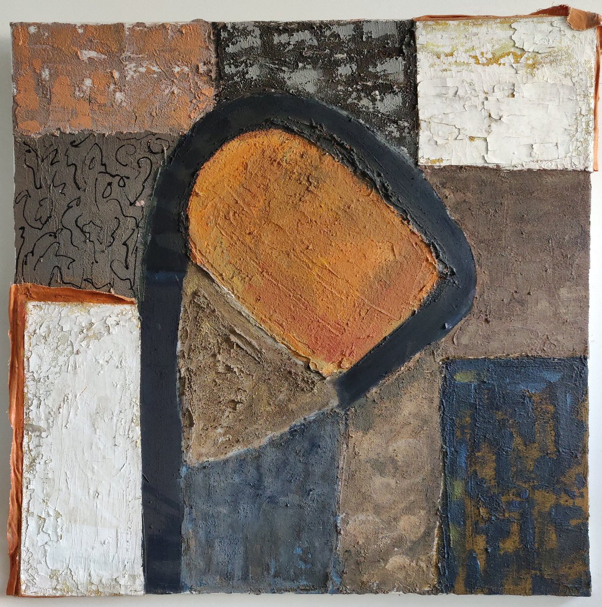 abstract mixed media pigments ocher cement acrylic 100x100 by Sylvie Dodin