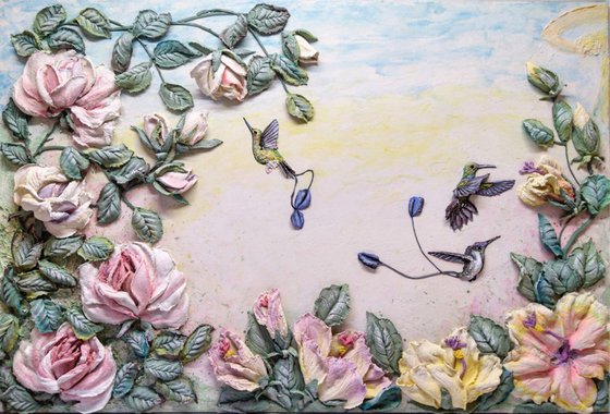 A moment before - light and delicate bas-relief with flowers and hummingbirds, 60x40x5 cm