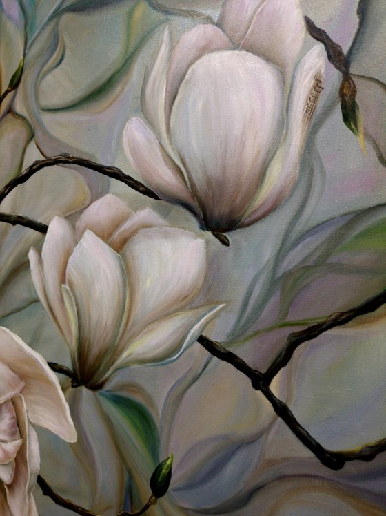 Harmony Magnolia, oil painting, original gift, home decor, Flowering, Spring, Leaves, Living Room, leaves, many flowers, flower picture, petals,  delicate flowers, Painting with magnolias, white magnolia flowers, blooming magnolia, painting with white flowers