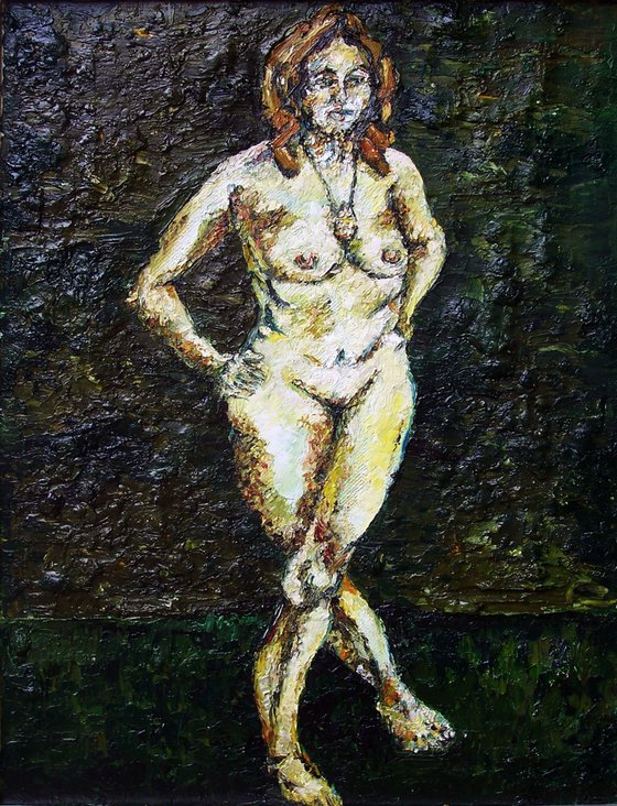Standing nude on dark green.