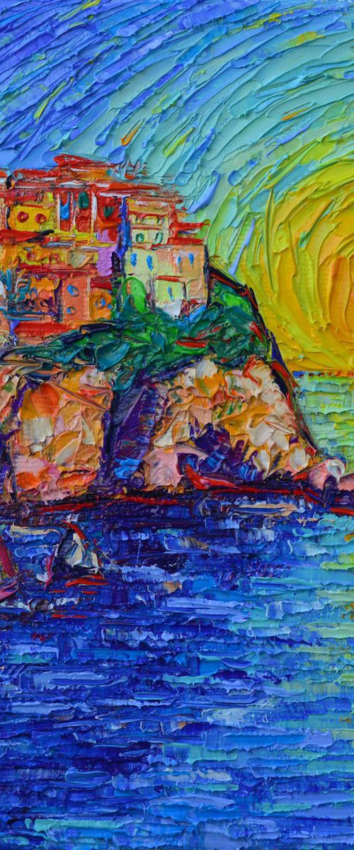 MANAROLA SUNSET COLORS CINQUE TERRE ITALY modern impressionism impasto textural palette knife oil painting abstract stylized cityscape by Ana Maria Edulescu abstract cities by ANA MARIA EDULESCU
