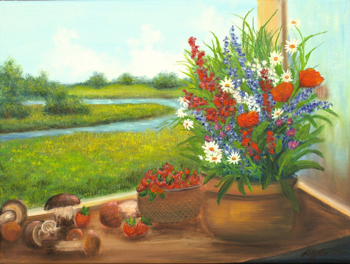 Photorealistic Landscape Oil Painting By Ludmilla Ukrow, 16 X 12", Open Window, Original Artwork