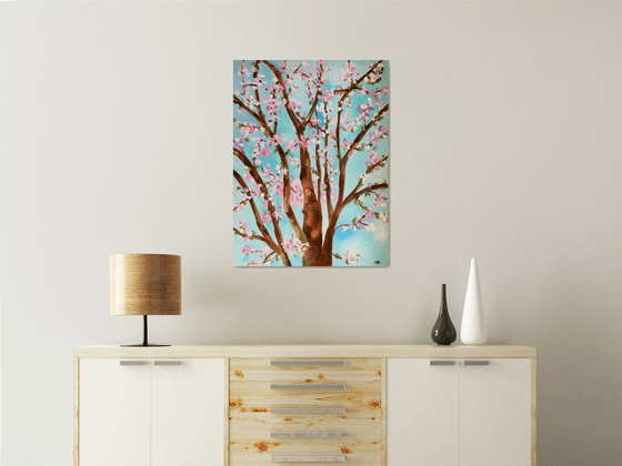 Apple blossom , spring in London white, pink, turquoise 81 x 61 cm  ready to hang oil painting