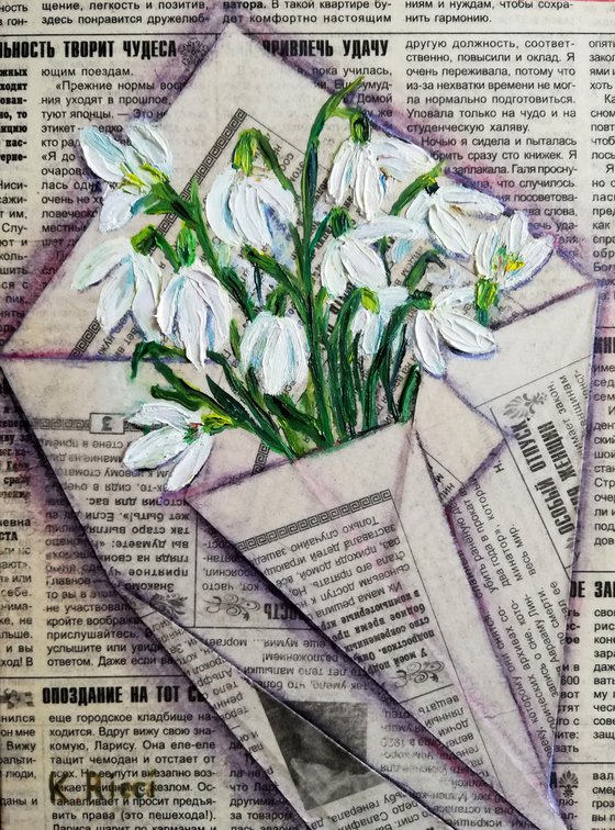 "Snowdrops in Newspaper Bag" Original Oil on Canvas Board Painting 7 by 10 inches (18x24 cm)