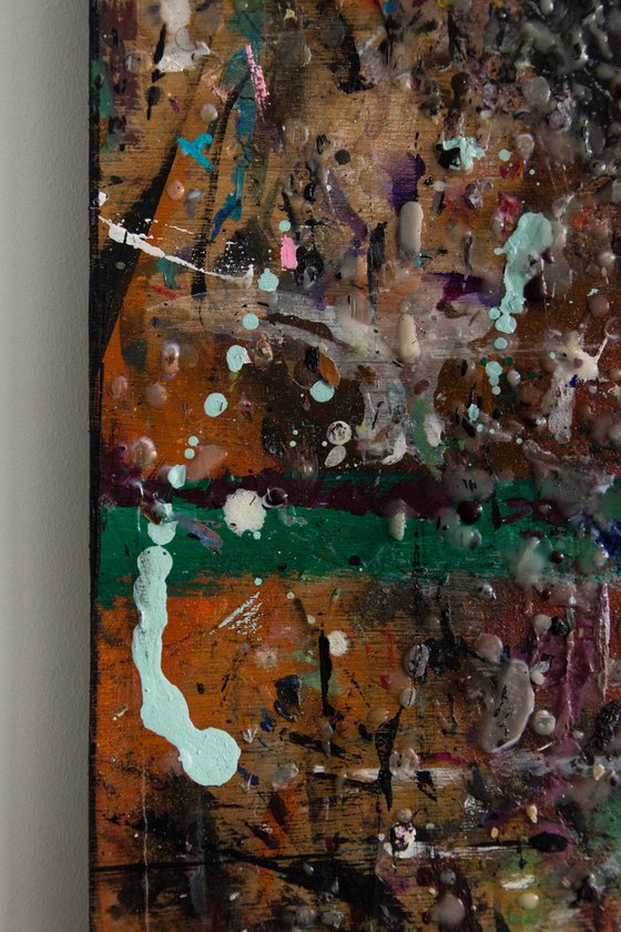 "Artist table" (117x51x2,8 cm) - Collectors item (abstract, gouache, original, painting, coffee, acrylic, oil, watercolor, encaustics, beeswax, resin, wood, fingerpaint)