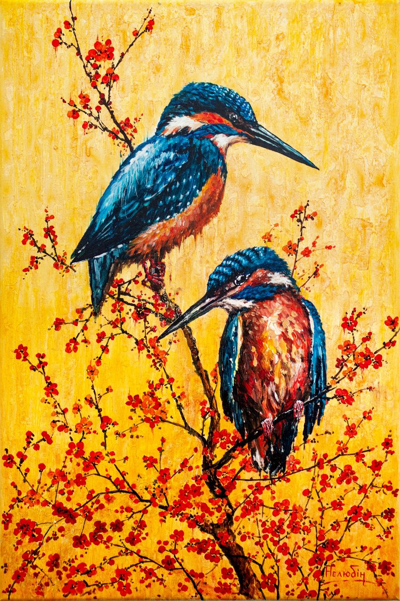 Impressionistic Animal Acrylic Painting By Aleksandr Neliubin, 16 X 24, Kingfishers, Original Artwork