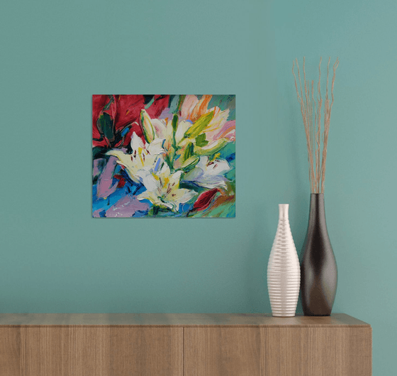 Expressive lilies. Summer sketches. Original plein air oil painting